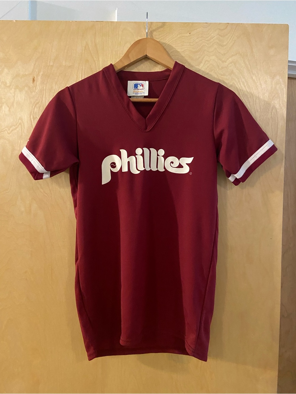 Vintage MLB Phillies Youth Maroon V-Neck Jersey with White Script